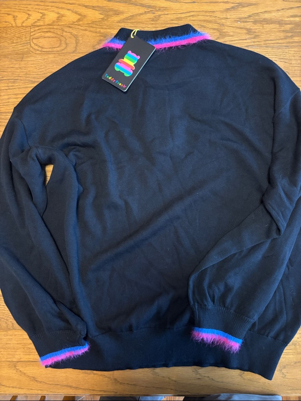 Teddy Fresh Black V-Neck Sweater with Pink & Blue Fuzzy Trim NWT Rare. - Picture 9 of 13